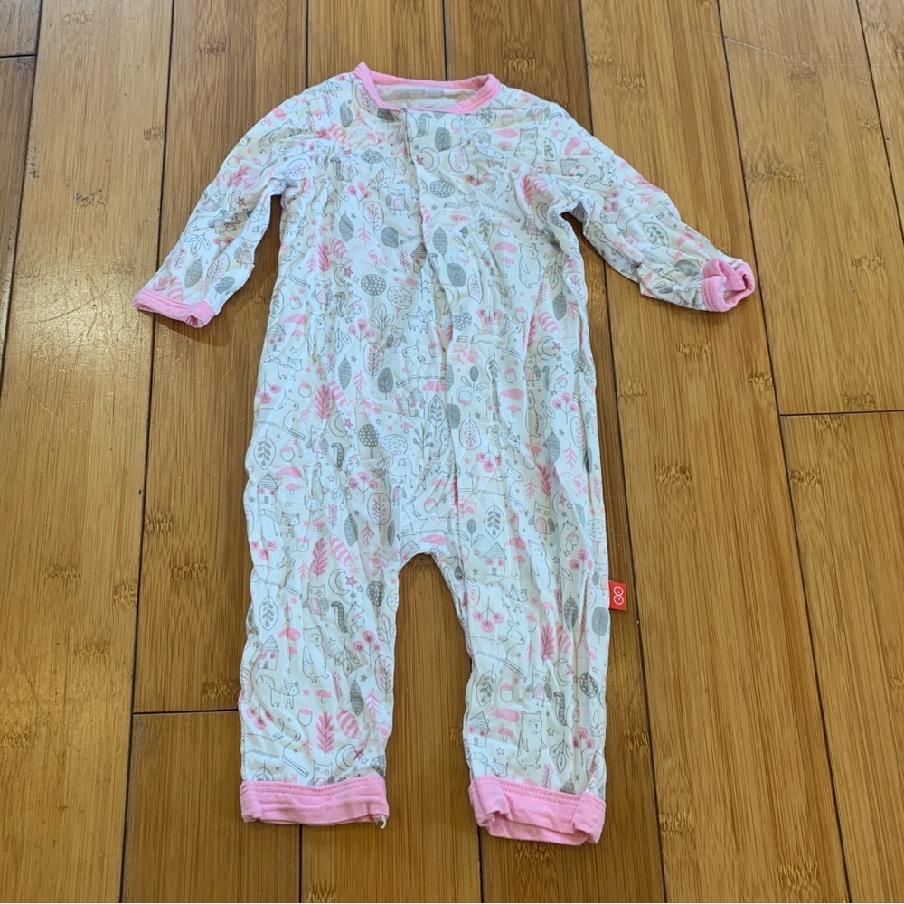Magnetic Me baby footless romper coverall in a woodland floral print
